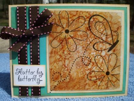 Flutter By Butterfly
This was an entry in an online crop.  The Challenge was "I have always wanted to try...".  I used alcohol inks on acetate for the first time.  I stamped the stamps underneath the acetate on a separate sheet.  Materials used:  Paper from The Paper Studio, recycled acetate from a left over package, ribbon from Celebrate It.  Butterfly2build and Daisies4You were both used on this project.  Instructions continued from below:  Tie bow, stamps sentiment, distress, adhere to card.

http://kellyisascrapdiva.blogspot.com
