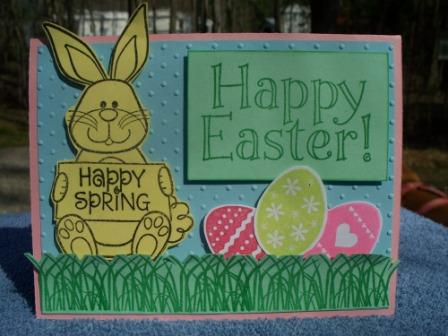 Happy Spring
This was a challenge for an online crop.  The challenge was pastels.  I also used Eggs4Easter set on this card.  Materials used:  Paper from The Paper Studio, Polka Dot embossing folder from CuttleBug.

http://kellyisascrapdiva.blogspot.com
