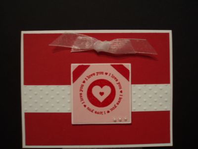 I love you
I used Dotted swiss embossing folder,ribbon and pearls from stash. Heat embossed the image.
Keywords: valentine heart