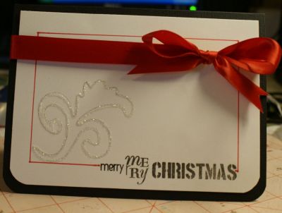 Merry Merry Christmas
another simple card

Bazzill black cardstock
Bazzill Basics chipboard (traced)
Doodlebug glitter
Bic Pen
Ribbon unknown
Black ink Hampton Art
