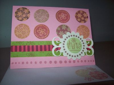 Thanks,
I used Back2Basics Stamps on Pink Card Stock. Used a green piece of card stck and stamped on that also. I glued a ribbon on top of that . Also made a shape with my cricut to place the Thanks stamped round punch on it for accent. I love these stamps there is just so much you can do with them. 
