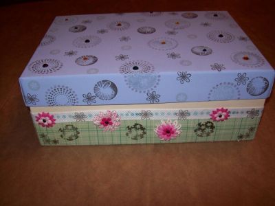 Glorified Box
This is a shoe box that I covered with papers and and ribbon and paint on the top and Back2Basics Sept.09 stamps . I put Rhinestones on the top of the box. And I put flowers on the sides. It is a great place to keep my new stamps !
 
