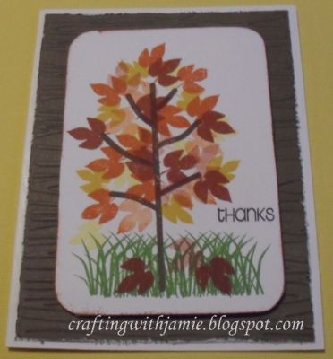 Fall Thanks card
For this thank you card I used several sets.  The tree and 'Thanks' is from Trees2Build, the grass is from Eggs4Easter and the leaves are from Thanks2Fall.


Keywords: Thank You Card