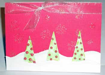 Winter Card
Winter card using bright pink & white cardstock, lime green flocked trees and light pink stickles.
Keywords: Winter, Joy2Christmas