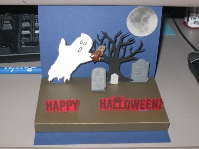 happy halloween
thank goodness stephanie reminded us to upload our projects. whew. well this  is a pop up card i used the stamp set for happy halloween and the ghost and some jolees stickers. it folds flat. i had so much fun making this. TFL
