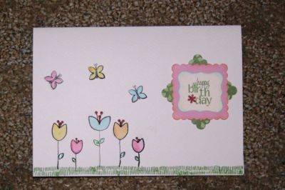 Flower Birthday
I used several sets - mostly getwell2you, but also late4bday and Back2Basics (and of course Stamped4You on the back! I love the way the stamp sets work so well together. Flowers and butterflies were stamped in black, then "painted" with an aquapainter (Stampin UP) and various SU inks.
Keywords: getwell2you birthday