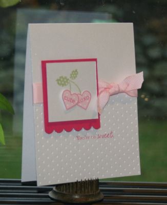 So Sweet
I made this card using the Love2Hug set and PaperTrey Ink's set Everyday Button Bits.  I used the small open heart and two of the little words to make the "conversation" hearts.  Have I mentioned that I love this set??? 
