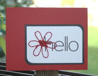 hello
A quick CAS card made using Daisies4You & Hello2You.  Stamped the "hello" in True Black ink, then stamped the large open daisy in gray ink and then stitched over it with red floss.  Added a button to the center.  
