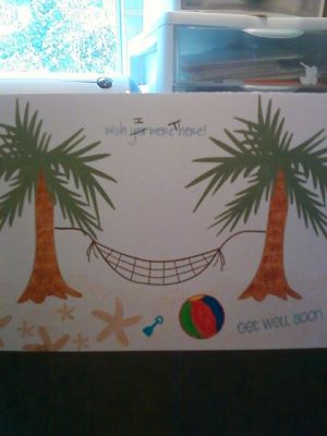 Get Well Soon
I made this for My BFF. She lives 3 hrs. away and she broke her back and is laid up for a while. So I wanted to cheer her up. She always says she loves when she goes to the mail box and finds a card in there from Me.
Keywords: get well, island, beach, ball, palm trees