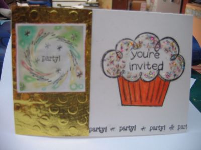 challange card invited
i used digital day in circle and added bubbles to the background and then warped it and printed out this i glued on to a embossed spotted gold foil strip and glued to side of card which i have stamped party! * along the bottom in black and stamped the large cupcake and colored orange at base  your invited on frosting and used glitter glue for the sprinkles 
