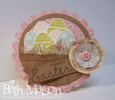 Easter Basket card
I weaved some strips of kraft cardstock together and ran it through a circle nestabilities to create the basket. More details are available on my blog. www.nevertoooldtocolor.blogspot.com
Keywords: easter, round, basket, eggs, card,eggs4easter