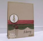 Merry Wishes
I made this CAS card with the Christmas2build set.  I colored in my Christmas tree with prisma pencils and punched and mounted on a circle.  The DP is last year's Making Memories Christmas collection (fa la la la la, maybe?)  I used some burlap string to tie on a rusty old jingle bell.  The sentiment is stamped in Memento Rich Cocoa ink.

TFL!

http://emmielouwho.blogspot.com/
Keywords: Christmas2build CAS Christmas