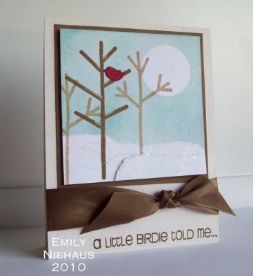 A Little Birdie...
I know a lot of folks who have December birthdays, so I always like to make winter themed cards for them.  I did some masking for the moon and snow and then brayered the sky in various blue inks.  I tore a small panel of white CS and used dimensionals to create mounded looking snow.  I used a quickie glue pen to out line the snow mounds and to create falling snow.  I paper pieced the red bird in the tree.

http://emmielouwho.blogspot.com/
Keywords: trees2build Christmas