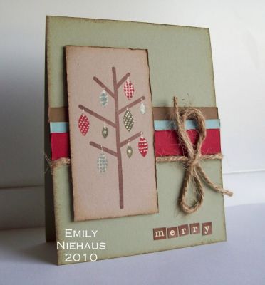 Merry
I don't think it is ever too soon to start Christmas cards, so I was inspired to make some holiday cards with this set!  I turned the leaves to make them look like ornaments.  I added some detail with a Sakura stardust gellyroll pen.

I sponged brown ink around the image and the card base and did some distressing.

http://emmielouwho.blogspot.com/
Keywords: trees2build