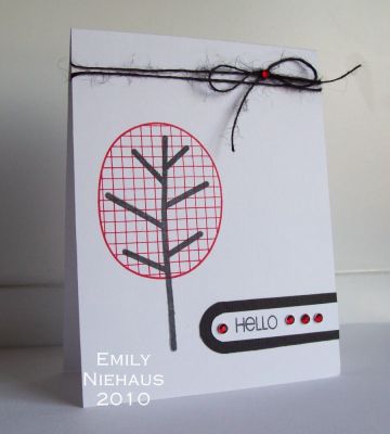 Hello!
Here is a quick CAS card.  I love a red, black and white combo for CAS cards.  I tied some burlap string at the top and added some rhinestones to the sentiment panel.

http://emmielouwho.blogspot.com/
Keywords: CAS trees2build
