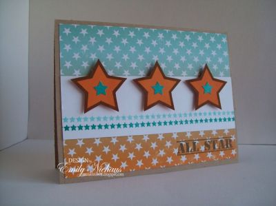 ALL STAR!
I just love the new all4stars set! I pulled out my Just Chillin' patterned paper from Making Memories for this one.  I stamped the outline of the smaller star in brown on orange cardstock and cut out three stars.  I stamped the solid little star in teal and cut those out for the centers.  I also used the star border and stamped once in teal and then stamped again to get the lighter shade.  This would be a great card to send to a teenager for an accomplishment!

TFL!

http://emmielouwho.blogspot.com/
Keywords: all4stars teenager