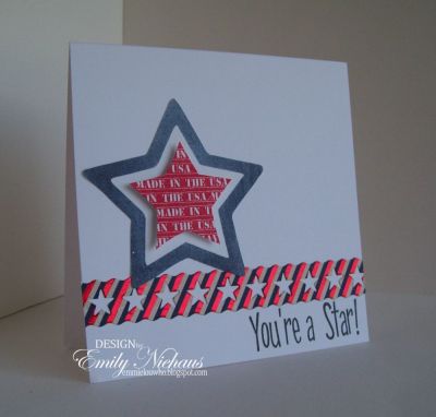 All American Star
Here is a card I made to send to a hometown hero. I used stamps from the new set all4stars.  The metallic die cut border is from K&Company.

TFL!

http://emmielouwho.blogspot.com/
Keywords: all4stars CAS patriotic