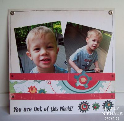You Are Out Of THis World!
The minute I saw Robots2build I thought of my Cogsmo DP that I have been hoarding!  I decided to make an 8x8 SB layout of one of my 4 year old twins, Luke.  He is so rotten and sweet all rolled into one VERY ENERGETIC boy!  LOVE him!

TFL!

http://emmielouwho.blogspot.com/
Keywords: robots2build
