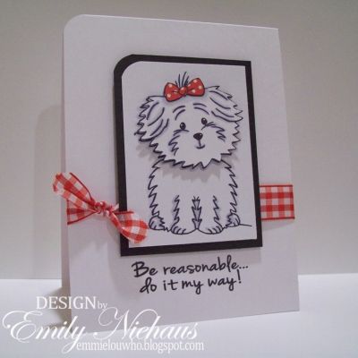 Be Reasonable!
I have always loved this sweet image of Cookie (Steph's dog) from the birthday4Cookie set! I thought it was perfect to pair it with this sentiment from the new humor4women set.
I know all to well, that our pets sometimes rule the roost! LOL!

TFL!

http://emmielouwho.blogspot.com/
Keywords: birthday4Cookie humor4women CAS