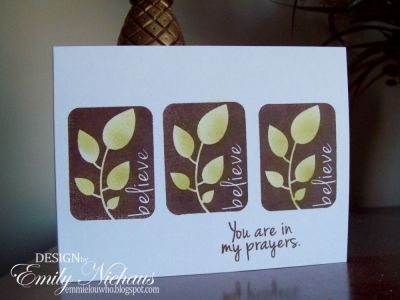 Believe
This is a quick one layer card. I stamped the leaf panels in Stephanie's Chocolate ink along with the sentiment.  I then went back and sponged green ink over the leaves.  

TFL!

http://emmielouwho.blogspot.com/






















Keywords: hope4us encouragement