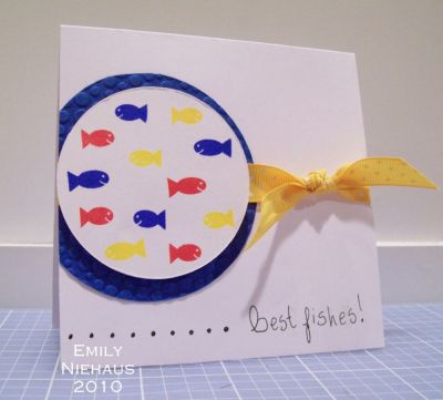 I had to ink up the fishies from this wonderful set.  I matted the circle of fish with a blue circle after running it through my Tiny Bubbles CB folder.  Added some yellow ribbon and some paper piercing.  I wanted this to be a bday card, so I just hand wrote the "Best Fishes" sentiment at the bottom!

TFL!

http://emmielouwho.blogspot.com/
Keywords: CAS