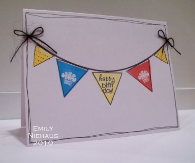 Birthday Banner
Love this set!  This is VERY CAS!  I stamped my banner on white CS and then doodled a border around the base.  I added some black burlap string bows to the ends of the banner to finish it off!

http://emmielouwho.blogspot.com/
Keywords: CAS banners4all