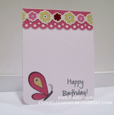 I paper pieced this butterfly with some K&Company Homemade collection papers.  The die-cut border at the top is also from this collection.

http://emmielouwho.blogspot.com/
Keywords: butterflies2build CAS greeting4birthday