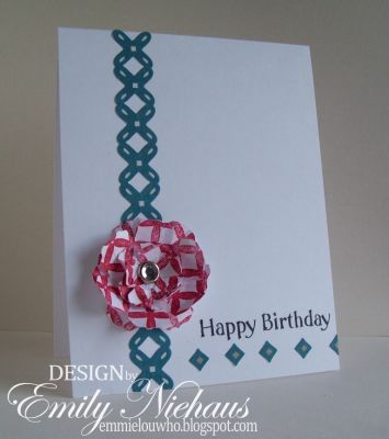 Happy Birthday
For this card, I used the pattern2love set. I inked a panel of white cardstock and then used the tattered florals die from Sizzix to create my flower.  The sentiment is from this month's club set, birthday2celebrate.

TFL!

http://emmielouwho.blogspot.com/
Keywords: pattern2love