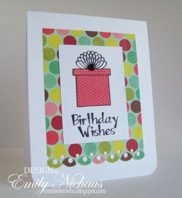 Birthday Wishes
I just love that everything you can do with the presents in this set! For this card, i paper pieced the present.  Papers are My Mind's Eye.

TFL!

http://emmielouwho.blogspot.com/
