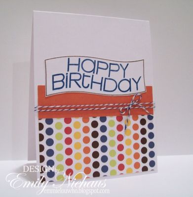 Birthday Dots
I made this card with the banner from sign4froggy.  I have TONS of birthdays for boys coming up and I thought these would fit the bill!  The DP is older from American Crafts.

TFL!

http://emmielouwho.blogspot.com/
Keywords: sign4froggy CAS