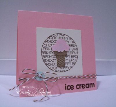 Birthday ice cream
Such a fun, fun set!  I paired the small ice cream cone up with the birthday circle from senitments4circle set.  I popped the scoop of ice cream with a pop dot and added some brown twine from The Twinery at the bottom.

http://emmielouwho.blogspot.com/
Keywords: birthday CAS sentiments4circles