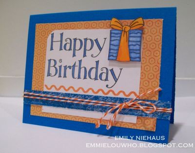 Happy Birthday Present
For this card I used the borders2build and birthday4cookie sets along with the new words2color. I LOVE the words2color set.  That huge font is so fun to stamp and color! LOVE it!

TFL!

http://emmielouwho.blogspot.com/
Keywords: borders2build birthday4cookie words2color