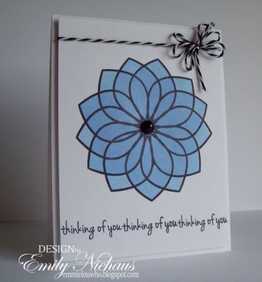 *Thinking of You 
I used the larger flower in the sea2flower set and the sentiment is also from this set stamped in Licorice ink.  I then used the solid "shell" from turtles2stamp set and inked the flower in Sky ink.  I added some baker's twine from The Twinery to the top and a black half pearl to the flower center.

TFL!

http://emmielouwho.blogspot.com/
