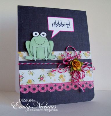 Blue Jean Froggie!
 I used some more Crate Paper DP on this card.  I this super cute frog would look great with the blue jean DP.  I added a floral pattern and some baker's twine and a paper flower.  The word bubble is from the talk2me set, which works great with any of Stephanie's sets!

TFL!

http://emmielouwho.blogspot.com/

