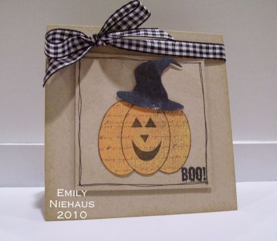 Boo To You!
I love that I was able to combine stamps from the new set, spooky2scare and the pumpkin from the thanks2fall set.  I thought that pumpkin needed a witches hat!  I stamped my pumpkin on my Memory box DP and then cut him out.  I doodled a border around a 3 inch square and then put my pumpkin together in the middle.  I used dimensionals to adhere the smaller square to the middle of my 4.25 x 4.25 card base.  

TFL!

http://emmielouwho.blogspot.com/
Keywords: spooky2scare thanks2fall