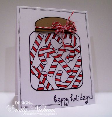 Happy Holidays Candy Canes
This set is so fabulous!  You can add anything you want to the fun jar.  I decided to add some candy canes from the Christmas2build set.  I did a bunch of masking on this one, and colored the red parts of the canes with copic markers.  The lid is paper pieced with kraft cardstock. I tied some baker's twine around the lid, and the sentiment is from penguins4Christmas set.  I doodled a frame around the jar.

TFL!

http://emmielouwho.blogspot.com/
Keywords: Christmas2build penguins4Christmas Christmas