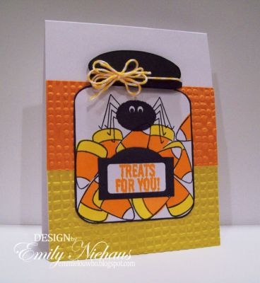 Candy  Corn Jar
I decided to make a Halloween card in December, and filled my jar with candy corn from the spooky2scare set. I also used the spider and the sentiment from this set.  I did some masking to layer the corn.

TFL!

http://emmielouwho.blogspot.com/
Keywords: Halloween spooky2scare