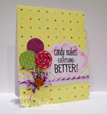 Candy Makes Everything Better!
I had fun creating different lollipops for this card! I used glitter and twine to embellish the suckers and the gumdrop.  The paper is echo park.

http://emmielouwho.blogspot.com/
