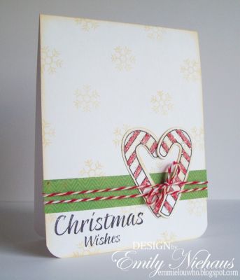 *Christmas Wishes
This card features stamps from the Christmas2build set, along with the new matching dies! I die cut two candy canes, stamped, colored and added chunky glitter.  I stamped snowflakes from this set in the background using distress ink.  The green paper is from Crate Paper and the twine from The Twinery.

TFL!

http://emmielouwho.blogspot.com
