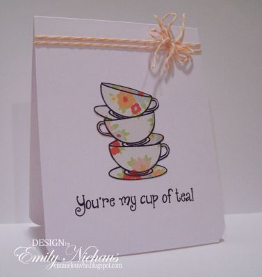Chintz China
I love the look of Chintz China and this echo park paper seemed perfect to piece the stacked cups. I stamped them in Licorice ink and then cut them out and adhered to a white card base. I added some cantaloupe baker's twine from The Twinery to the top.

TFL!
