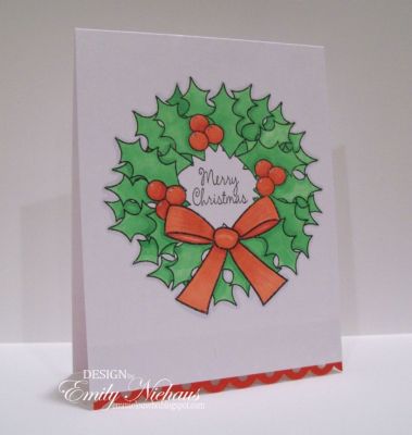 Holly Wreath
On this card I simply stamped the wreath in Memento Tuxedo Black and then colored it with copics.  I stamped the Merry Christmas in the middle and added a little border on the bottom.

TFL!

http://emmielouwho.blogspot.com/
Keywords: wreath4me Christmas CAS