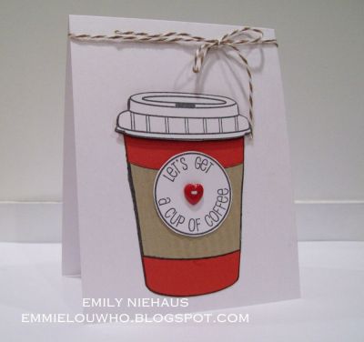 Let's Get A Cup Of Coffee!
This big coffee cup is FABULOUS! LOVE it!  I paper pieced it with white, red and kraft cardstock.  I ran the kraft piece through my paper crimper.  I popped the lid with pop dots and added some baker's twine to the top!

TFL!

http://emmielouwho.blogspot.com/
Keywords: coffee4two