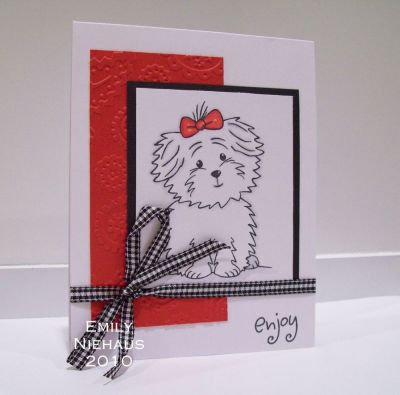 Happy Birthday Cookie!
Is this dog not the most adorable!  I kept her white and just added some gray highlights to her fur and around her for shadows.  I used my perfectly paisley CB folder for the red panel and some black gingham ribbon across the bottom!

TFL!

http://emmielouwho.blogspot.com/
Keywords: birthday4Cookie