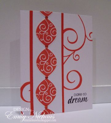 Dare To Dream...
For this card I used the swirl turtle shell to create a pattern. I also used the large swirl from the Swirls2build set, that happen to match the swirls in the shell! I love that Stephanie coordinates all of her stamps so nicely! I added some red rhinestones to the vertical pattern and stamped my sentiment in Licorice ink. The rest of the images were stamped in Strawberry ink.

TFL!
http://emmielouwho.blogspot.com/
Keywords: swirls2build