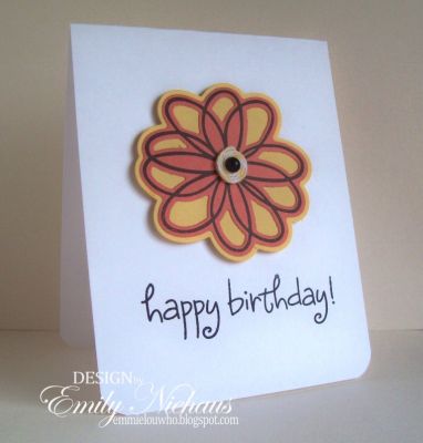 New flower2doodle die!!!
I just love layering this new flower2doodle die! For this card I die cut the large base from So Saffron cardstock. I then die cut the orange and then stamped the matching flower stamp onto it with Licorice ink. It is super easy to line these stamps and dies up! I created the center of my flower using baker's twine and a black half pearl. The sentiment is from birthday4cookie set.

TFL!
http://emmielouwho.blogspot.com/
Keywords: flower2doodle birthday4Cookie