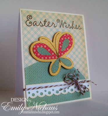 Easter Butterfly...
I used the new butterfly2build dies along with the butterfly image from this set on this card.  The sentiment is from the eggs4Easter set.  The patterned papers are from Cosmo Cricket Togetherness collection.

TFL!

http://emmielouwho.blogspot.com/2012/03/tsol-is-sponsoring-lily-pads-cards.html
Keywords: butterfly2build Easter eggs4Easter