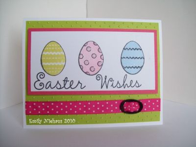 Easter Egg Wishes...
I used a white card base and the pink and green DP is American Crafts Backyard collection.  I stamped my eggs with Memento pear tart, summer sky and SU pretty in pink ink.  I used Memento Tuxedo black for the outlines.  I added crystal effects and glitter to my eggs.  
I have tons of ugly brass looking hodgepodge hardware from SU so I colored one of the ribbon slides with a black sharpie!  The ribbon is also SU.  

TFL!  My first TSOL stamps set!  YAY!
