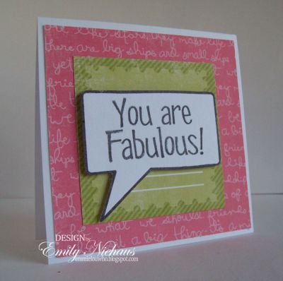 You Are Fabulous!
Don't you just love this bubble set? I used some paper and journal square from echo park's Playground collection for this one.  I love creating those word bubbles!

TFL!

http://emmielouwho.blogspot.com/
Keywords: talk2me