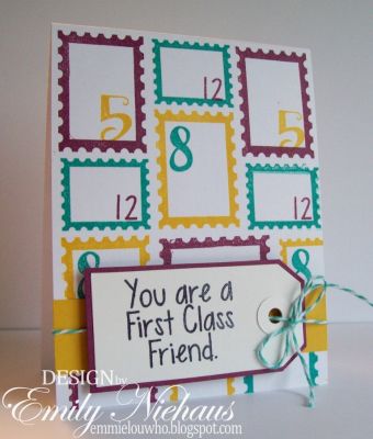 *First Class Friend
I made this card with the postage2stamp set and the numbers2stamp set.

TFL!

http://emmielouwho.blogspot.com/
Keywords: numbers2stamp