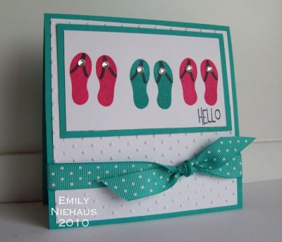 Flip Flop Hello...
Aren't these flip flops great?  I just love that you can stamp the sole of the flip flop and add the straps in a different color.  I decided to add some bling to the center of my flip flop straps.  The sentiment is from kites2fly.

http://emmielouwho.blogspot.com/
Keywords: summer4fun kites2fly